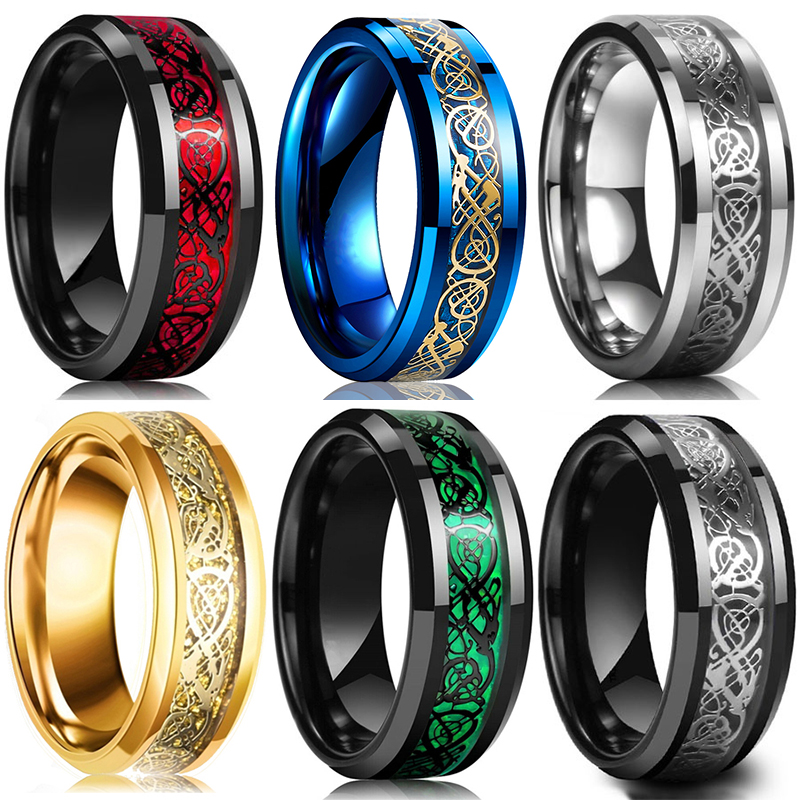 Wedding Zone - ファッション 8 ミリメートルメンズステンレス鋼ケルトドラゴ​​ンリングインレイ赤緑黒炭素繊維リング結婚指輪チャームジュエリーギフト
